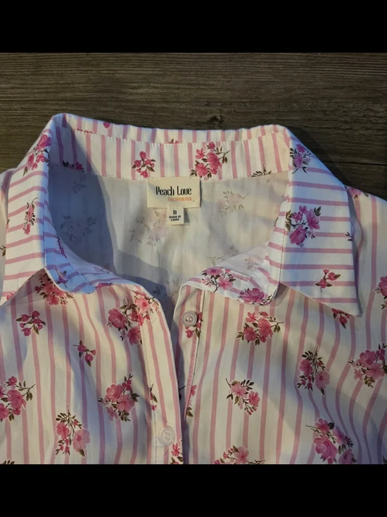 Peach Love California Pink Floral Tiered Maxi Shirt Dress with Belt - Picture 2 of 3